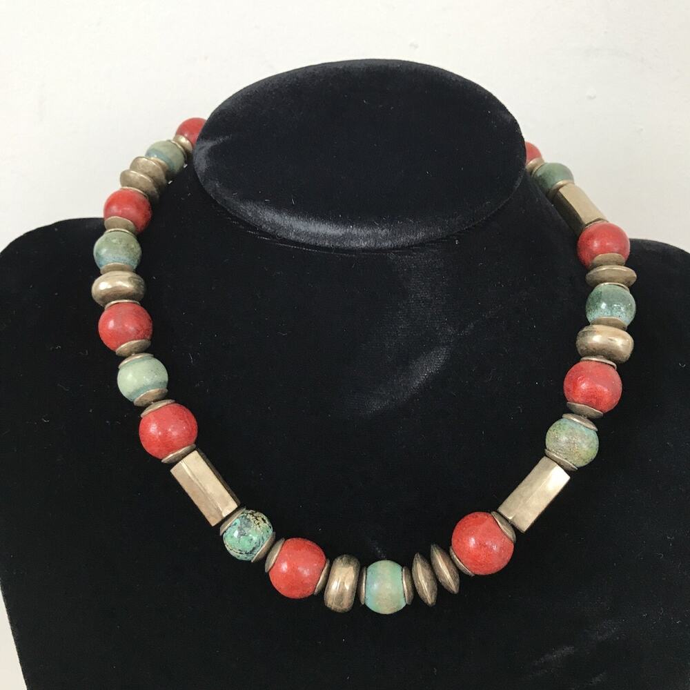 Goldtone Red Blue Turquoise Stone Beads Beaded Necklace Chunky Choker 17.5"